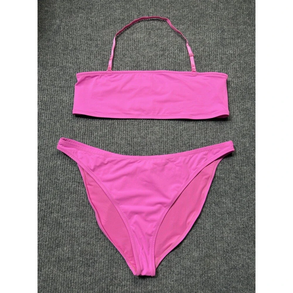 Skims Recycled Swim Women 4X Mid Coverage Bottom & Bandeau Top Bikini Set Pink